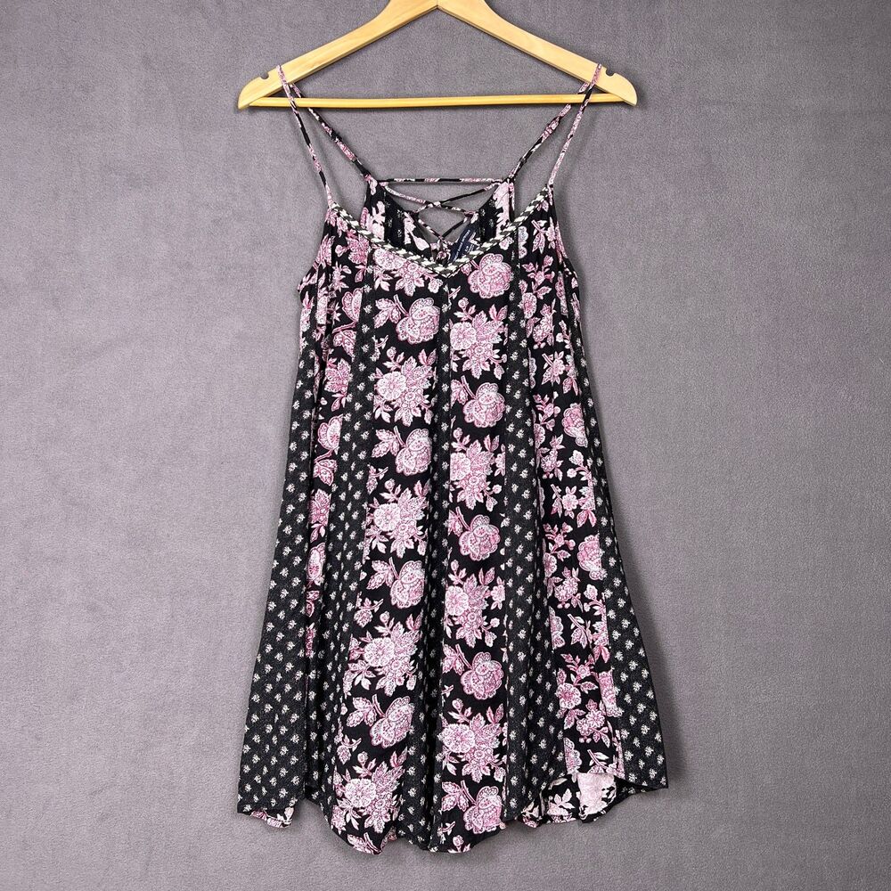 American Eagle Floral Babydoll Dress S Pink Black Boho Strappy Lace Up Mini